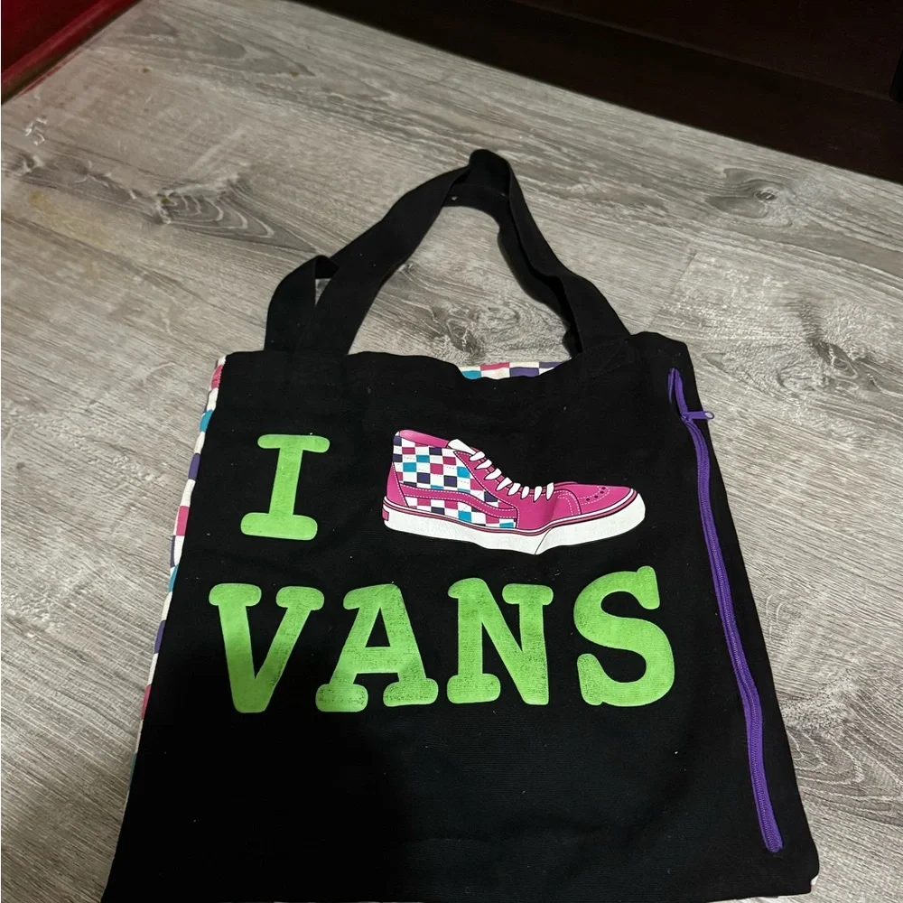 Vans Kids Black Tote with Neon Green Logo and Pink Checker Sneaker